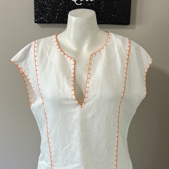 Tory Burch Short Tunic Linen Swim Cover Up White Orange Relaxed Fit Mini Sz S - Picture 2 of 12